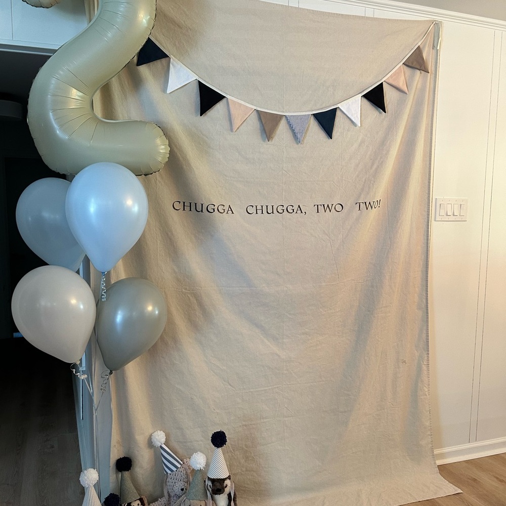 Neutral Cream Party Backdrop with Navy & Gray Bunting - Home Party Supplies
